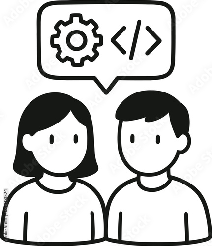 Two people discussing software development with a gear and code icon