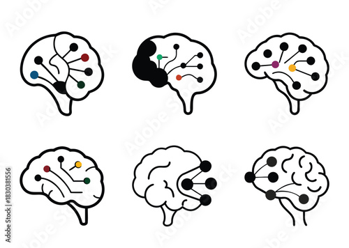 Six different brain representations showing neural networks and color coded regions concept