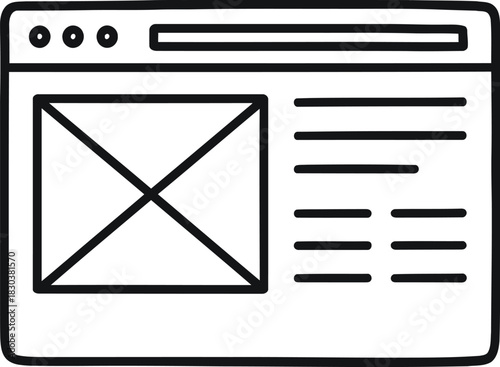 Simple website layout sketch in black and white illustration style