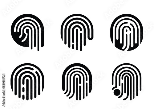 Stylized fingerprint icons collection representing unique identification and biometric security systems