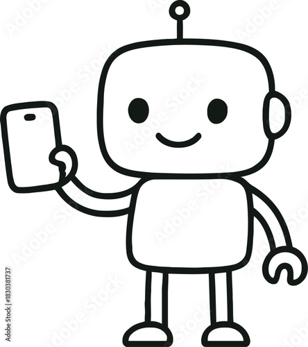 Cute robot taking selfie with smartphone line art illustration