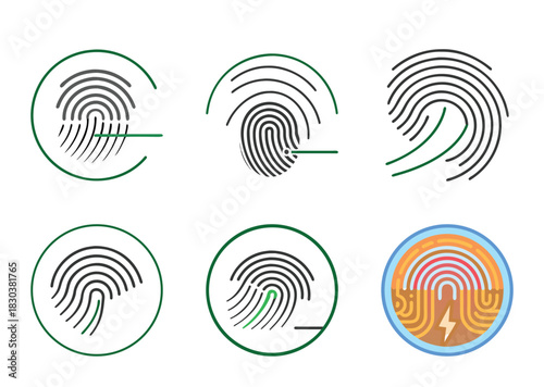 Stylized fingerprint icons for security, identification, access, and technology applications