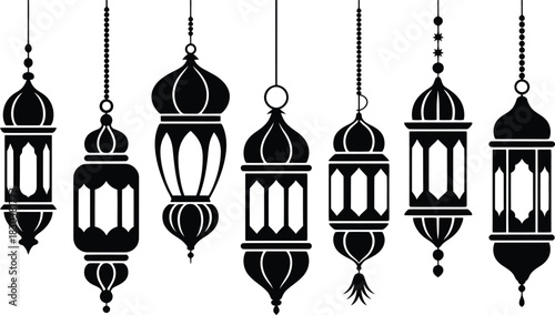 Elegant collection of hanging ramadan lanterns in black silhouette perfect for islamic celebrations eid mubarak and cultural designs with traditional arabic aesthetics