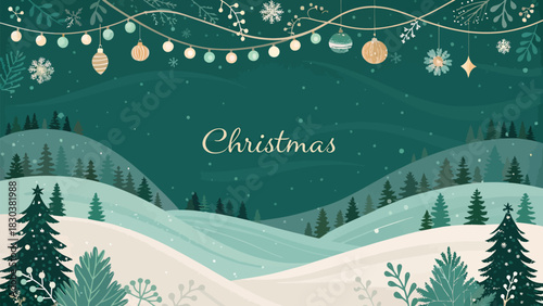 Christmas illustration of a christmas scene with trees snow and ornaments hanging from a string
