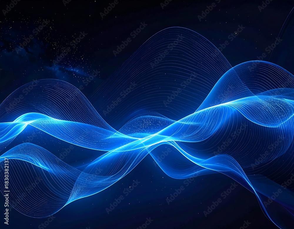 Fototapeta premium Abstract blue waves of light against a dark, star-filled space