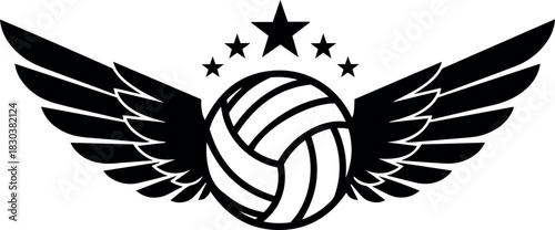 Dynamic volleyball crest for winning teams and sports logos, featuring wings and stars for that extra edge, perfect for team spirit and branding