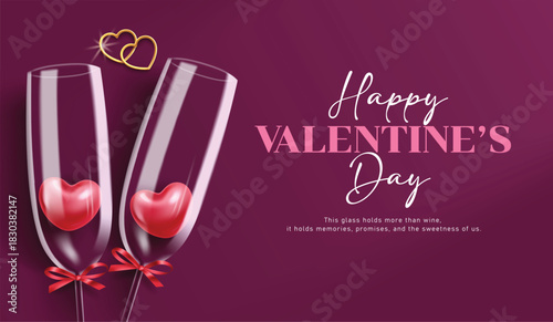 Happy valentine's day greeting card clipart design. Wine glass for sweet couple dinner party with red heart and message Valentine's day purple banner card template vector illustration.
