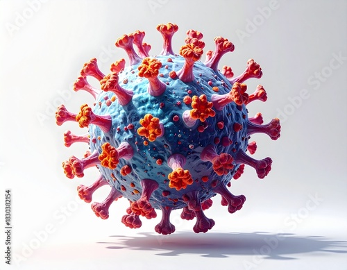Close-up 3D rendering of a floating virus molecule structure, possibly Coronavirus, with spiky red and blue proteins, representing biological research and global health crisis.