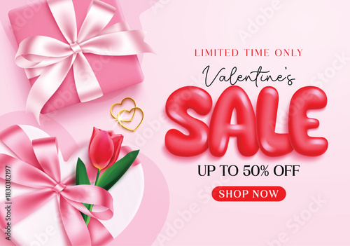 Valentine's day sale clipart design. Valentine's day limited time special offer discount clip art with pink heart gift box elements for romantic holiday clearance sale banner template vector 