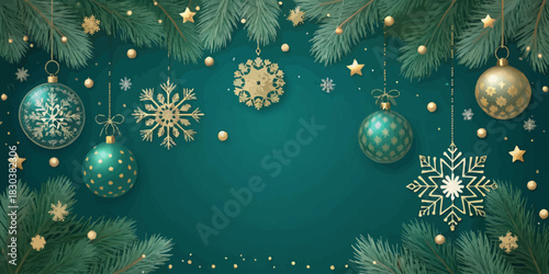 Christmas festive christmas ornaments and snowflakes hanging among green pine branches decoratively