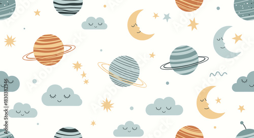 Cute celestial seamless pattern featuring sleeping clouds, smiling moons, planets, and stars on a white background, perfect for baby and children's designs.