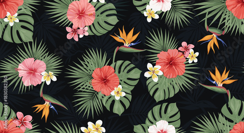 Vibrant seamless tropical floral pattern on a dark background, featuring hibiscus, plumeria, and bird of paradise flowers with lush green leaves.