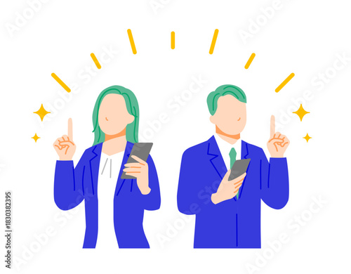 明るくポジティブな表情のスマホを持ったビジネスパーソンの男女のイラスト。フラットデザイン。