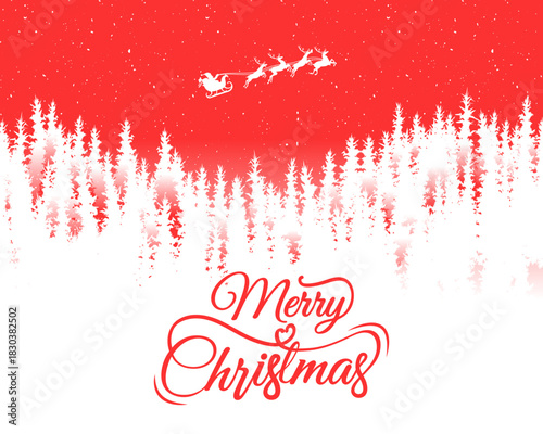 Vibrant red and white vector illustration featuring Santa Claus flying in his sleigh over a snow-covered pine forest with elegant "Merry Christmas" typography.