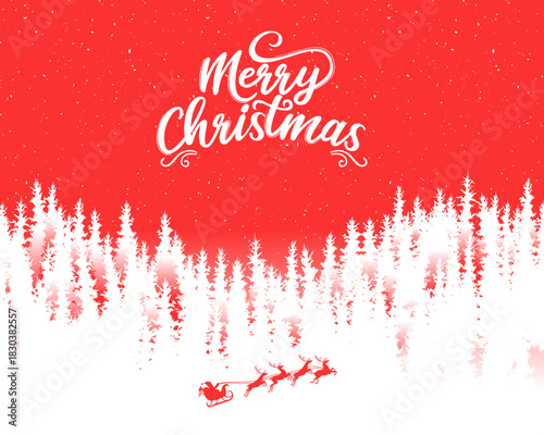 Vibrant red and white vector illustration featuring Santa Claus flying in his sleigh over a snow-covered pine forest with elegant "Merry Christmas" typography.