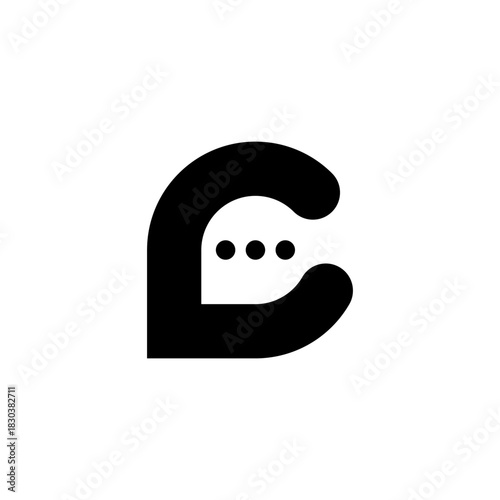 Minimalist black icon combining the letter C with a speech bubble and ellipsis dots, a creative symbol for chat, communication, and social media