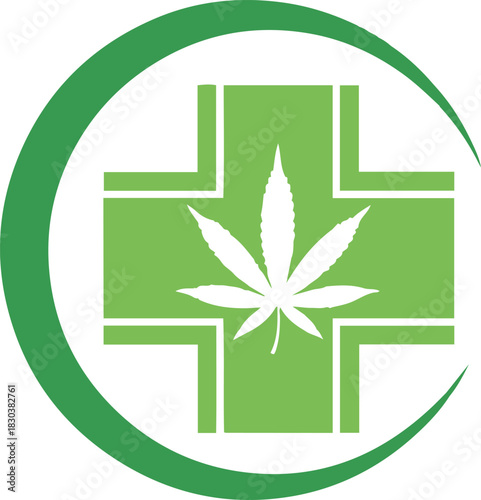 Modern cannabis clinic logo for medical marijuana industry, featuring a vibrant green cross and leaf, perfect for dispensaries and health services marketing