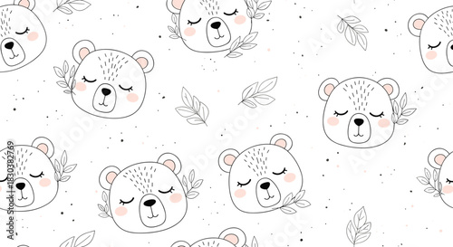 Cute seamless pattern with sleeping bear faces, delicate leaves, and subtle speckles on a white background, perfect for nursery textiles.