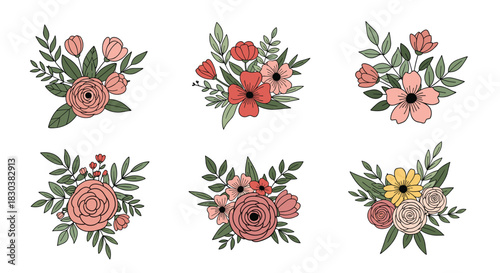 Collection of elegant floral arrangements with various flower types and lush green leaves, ideal for invitations, stationery, or digital design.