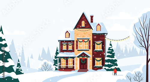 A charming, snow-covered house adorned with festive Christmas decorations stands in a serene winter landscape, creating a cozy holiday scene.