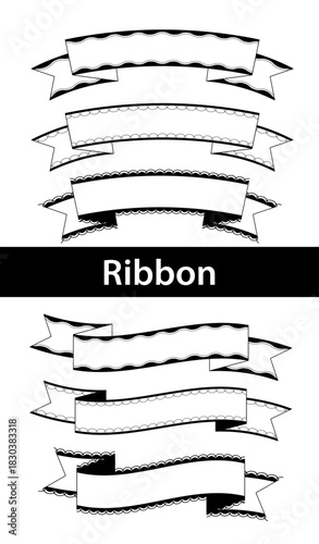 モノクロ・波型枠のレースリボン（緞帶）線画セット リボンのベクター素材｜タイトル枠や飾りに使えるシンプルなリボン素材セット あしらい Scalloped Edge Ribbon Banners