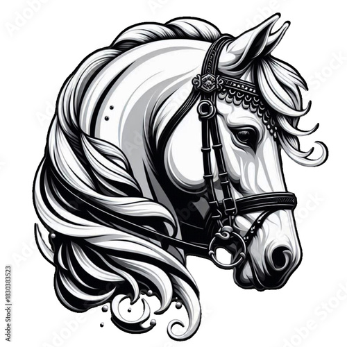 Horse with bridle flat 2D with transparant background 
