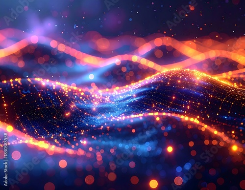 Wallpaper Mural Abstract, glowing, wavy lines and dots in vibrant orange, blue, and purple Torontodigital.ca