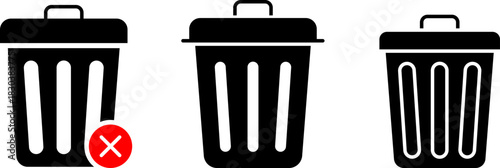 Three black trash cans with one showing a red x symbol