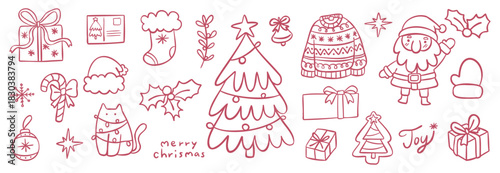 Cute Christmas Vector Clipart Set Hand Drawn Doodle Holiday Illustration Minimal Simple Outline Collection for Greeting Card Social Media Background and Fabric Pattern