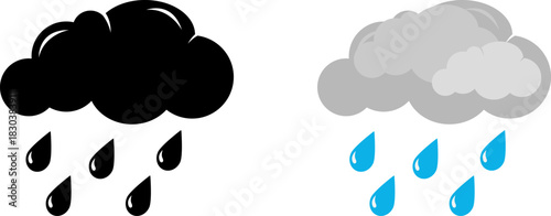 Black and gray rain cloud icons with water droplets