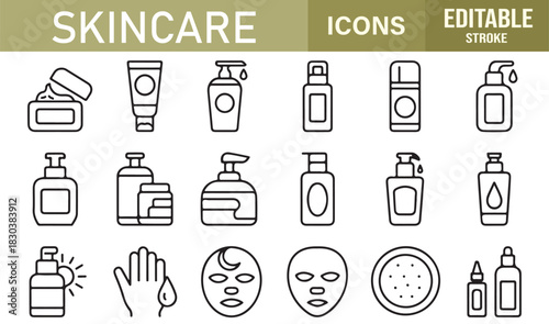 Stylish Minimal Icons for Beauty and Skincare Showing Creams, Serums, Masks, Tubes, Oils, and Wellness Containers
