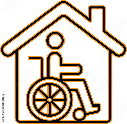Home care symbol of person in wheelchair inside house outline