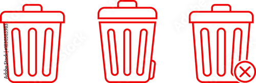 Three red outline trash cans one with delete symbol