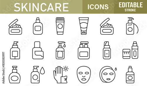Vector Icon Set Depicting Skincare Essentials Including Cream Jars, Serums, Face Masks, Toners, Oils, Sprays, and Beauty Products