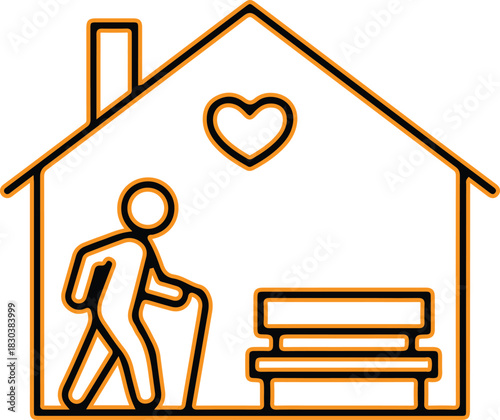 Elderly person walking with cane inside a house with heart