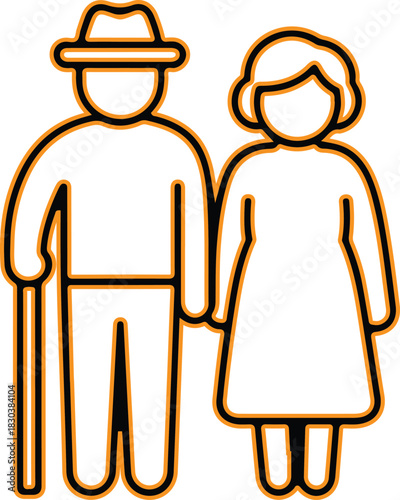 Elderly couple holding hands with cane icon