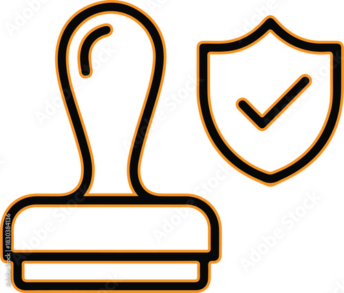 Stamp and shield with checkmark for approved security and quality