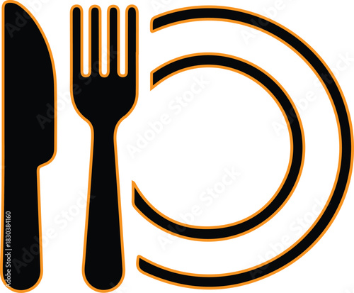 Simple black silhouette of knife fork and plate icon