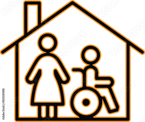 Elderly caregiver and person in wheelchair inside house icon