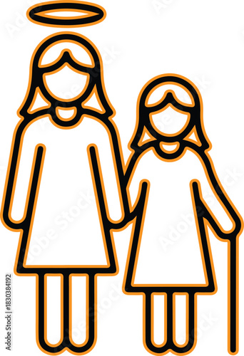 Angel guiding elderly woman with cane on a journey