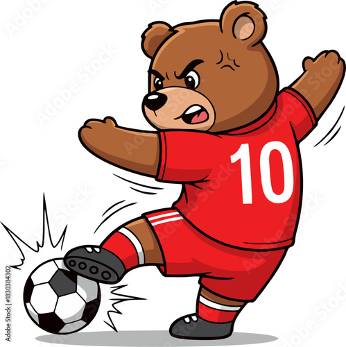 Cute Cartoon Bear Striker Kicking Soccer Ball Vector Illustration