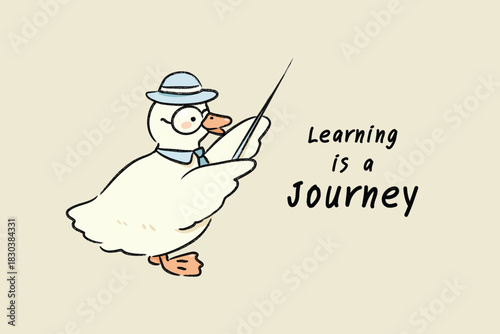 Cartoon Duck Teacher with Pointer. Hand drawn. Vector. Illustration.