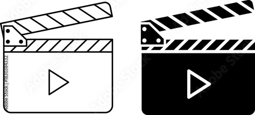 Two clapperboards with play button icons one outline one solid
