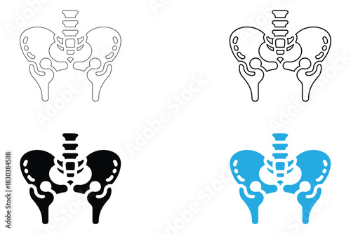 human pelvic bone icon vector set, pelvis icon, hip joint vector, silhouette and line art