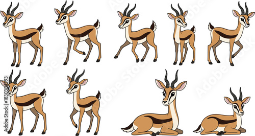 A group of cartoon gazelles in various poses isolated on white background the gazelles are brown and white with black horns and hooves, creating a playful scene