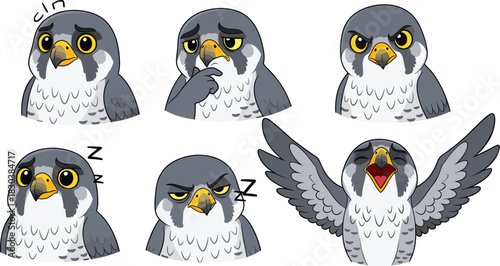 A collection of adorable peregrine falcon chick emoticons isolated on white background, showcasing a range of expressions from happiness to anger and sleepiness