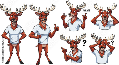 Cartoon deer character in various poses isolated on white background funny animal with antlers wearing a tshirt, expressing different emotions and gestures