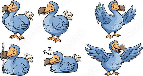 A set of six cartoon dodo birds in various poses, including standing, sleeping, and flying, isolated on white background the dodos are blue and beige