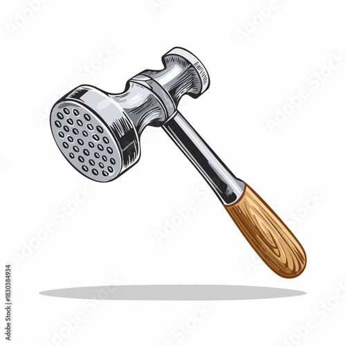 Meat tenderizer mallet tool with textured head and wooden handle, designed for culinary use