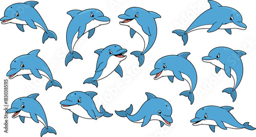 A group of cartoon dolphins swimming together, isolated on white background these playful marine mammals are depicted in various poses and angles